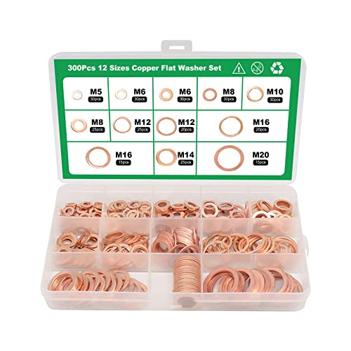 Tapsin 300 Stück Kupferdichtringe Sortiment Kupferdichtringe Unterlegscheiben Flache Dichtring Kit Beilagscheiben für Schrauben mit 12 Größen Sicherungsscheiben (M5 M6 M8 M10 M12 M14 M16 M20)