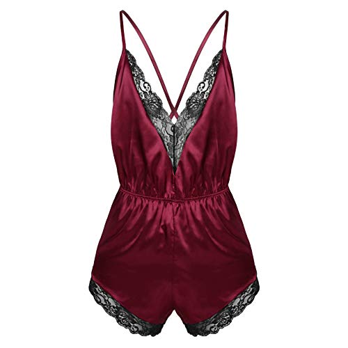 Alvivi Herren Sissy Unterwäsche Satin Nachthemd Schlafanzug Einteiler Männerbody Overall Kurze Shorts Crossdresser Dessous Nachtwäsche Weinrot L