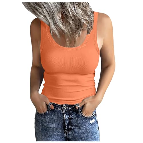 Generisch 2025 - Ärmelloses, Geripptes, figurbetontes, lässiges Crop-Tanktop für Damen mit U-Ausschnitt Leibchen Ohne (Orange, L)