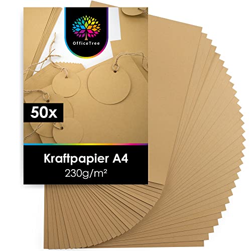 OfficeTree 50 x Kraftpapier A4 230g - Craftpapier A4 - Kartonpapier zum Basteln Hochzeit Einladungen, Menükarten - Kartonpapier A4 - Braunes Papier A4 - Craft Papier zum Drucken und Schreiben