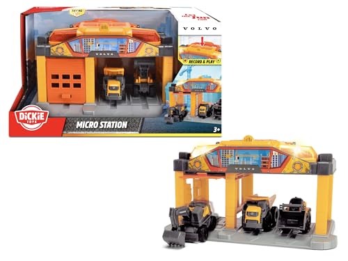 Dickie Toys - Micro Construction Auto-Station für Kinder ab 3 Jahre (25 cm) mit 3 Volvo Baustellenfahrzeugen (Bagger, Kipplaster & Radlader), Baustellen-Spielzeug mit Licht & Sound, inkl. Batterien