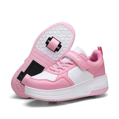 Schuhe mit Rollen für mädchen Jungen Einzelrad/Doppelrad Verstellbare Rollschuhe Schuhe Einziehbar Turnschuhe mit Rollen für Kinder Roller Skate Shoes für Outdoor-Sportarten,Rosa,32EU