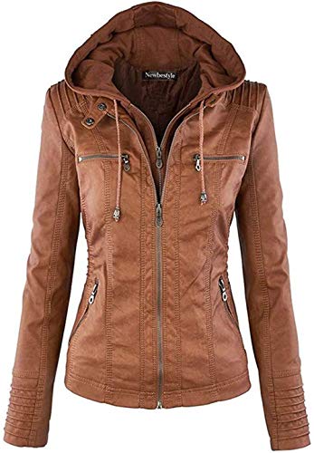 Newbestyle Jacke Damen Lederjacke Frauen Tops Kunstleder Mantel Casual Übergangsoberteil,brown,XL