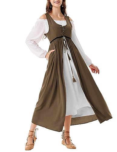 Scarlet Darkness Frauen Renaissance Kleid Bauer Mittelalter Kleid Langarm Maxikleid, Kaffee, S