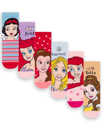 Disney Prinzessin Mädchen 6er Pack Socken | Kinder Mehrfarbige Charaktersocken | Schneewittchen Ariel Belle Rapunzel Grafik Schuhe | Komfortables Kindersocken-Set Bundle Film-Merchandise-Geschenk