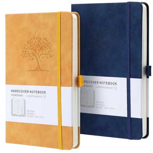HOMEMARS Notizbuch, Notebook, a5, Journal buch, Reisetagebuch, Liniert a5, Notizblock, Notizbücher a5, 100gsm, 200 Pages, 2 Stück, Reisetagebuch, Notizbuch Leder, Prägebaum Design,Gelb Blau