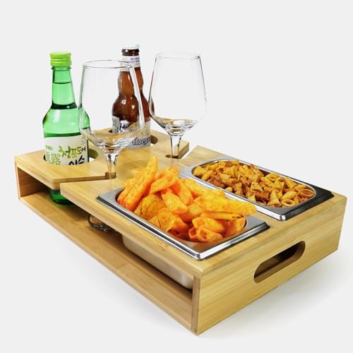 Couch Bar Holz, Couchbar Snackbox Weinglashalter, Rechteckig, Couch Butler mit Edelstahl-Snackschalen, Sofa Bar Geeignet für Wohnzimmer Sofa Restaurant Picknick Party