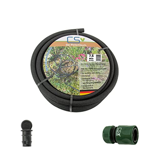 CS Perlschlauch 7,5 m drucklos für Regentonne & Regenfass – eco, nachhaltig & ökologisch – wassersparender Tropfschlauch zur einfachen Gartenbewässerung mit Schnellschlauchstück & Endstopfen