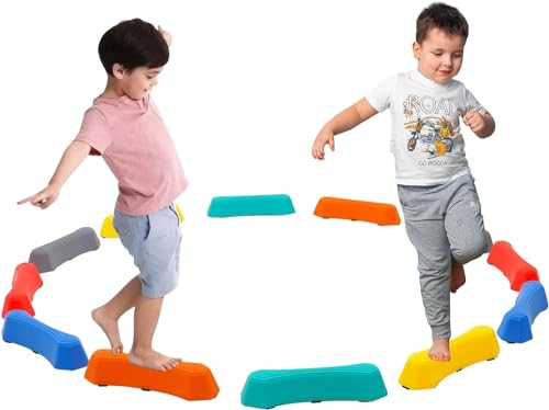 Schwebebalken für Kinder mit 12 Bunte Stapelsteine Balanciersteine, Balance Board Kinder von Motorik & Koordination, Balance Flusssteine Indoor Spielgeräte mit Rutschsicherung