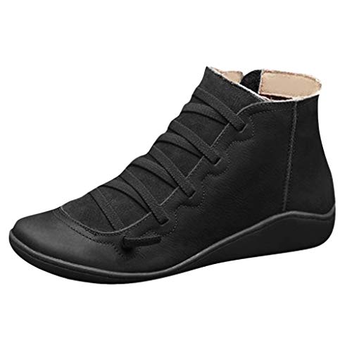 WILLBEST Round Lace-up Toe Lässige Seite Flache Lederschuhe für Damen mit Reißverschluss Stiefel Stiefel Retro-Damenstiefel Kinder 28 (a-Black, 38)