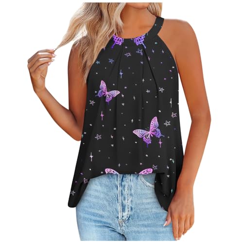 Damen Tank Top Print Knopf Rundhalsausschnitt Ärmellose Sommer Tanktop Frauen Spaghetti Graphic Cami Oberteile Shirt Blusen Tops Gedruckt Oberteil Slim Fit Oberteile Bequem Vest Top