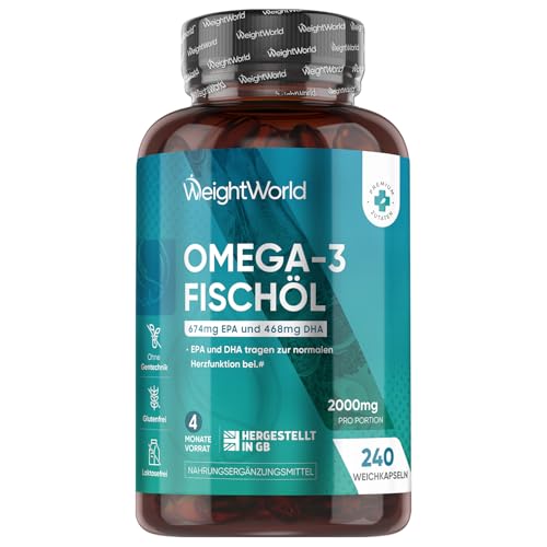 Omega 3 Weich-kapseln - 2000mg Fischöl mit 1100mg Omega-3, 660mg EPA & 440mg DHA pro Portion - 240 Softgels - EPA & DHA tragen zur normalen Herzfunktion bei (EFSA) - fish oil - WeightWorld