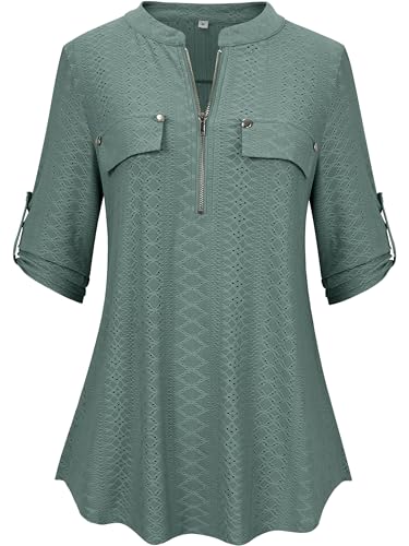 Lalala Bluse Damen Langarm V Ausschnitt Shirt Elegant Hollow Out Oberteile Z-Grün-xg36 M