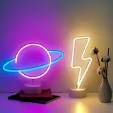 NELUX 2er-Pack Blitz und Planet - LED Lampe Neon Schild Wand Deko Gaming Zimmer, Neon Sign Kinder Gamer, Neon Schilder Light Room, Neonlicht Led Zimmerdeko, Bar. USB oder batteriebetrieben