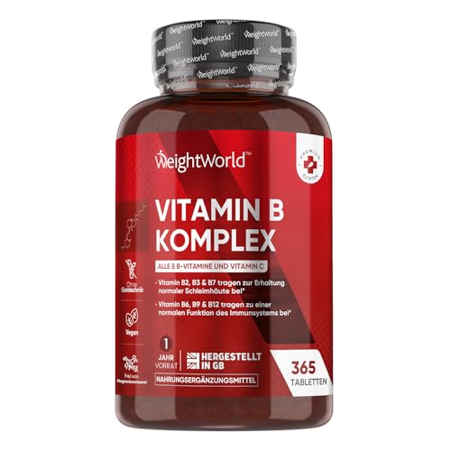 Vitamin B Komplex mit Vitamin C - 365 Tabletten - Alle 8 B-Vitamine (B1, B2, B3, B5, B6, B7, B9, B12) - 1 Jahr Vorrat & Vegan - WeightWorld
