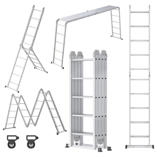 YRHome 6 in 1 Leiter Mehrzweckleiter Alu Gelenkleiter Klappleiter Steigleiter 550cm Multifunktionsleiter Aluleiter Kombileiter mit Plattformbis 150KG belastbar 4x5 Stufen Silber