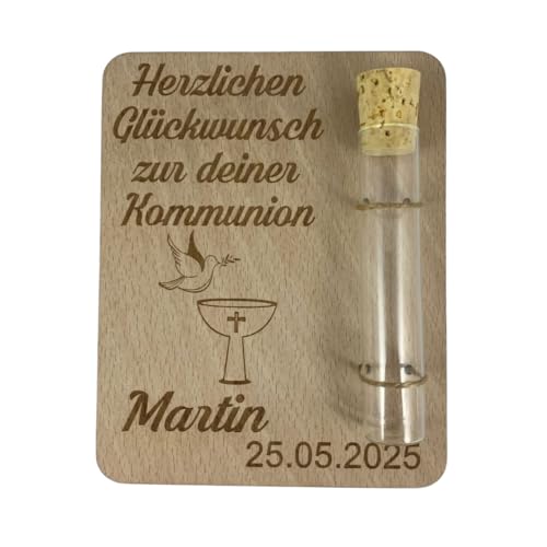 Geldgeschenk zur Kommunion – personalisiertes Holzbrett mit Reagenzglas – Gravur mit Name, Datum & Motiv – Geschenkidee aus Buchenholz – kreative Geldscheindeko