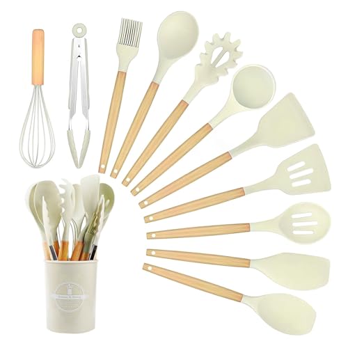 Küchenhelfer Set, 12-teiliges Silikon Kochutensilien Kochbesteck Set mit Holzgriff, Hitzebeständiger Kochbesteck mit Utensilienhalter, Antihaft Kochset Küchenutensilien, Spülmaschinengeeigne - Khaki