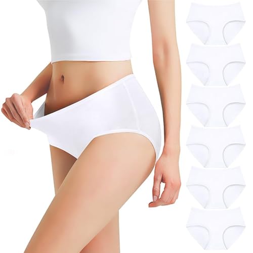Falechay Unterhosen Damen Unterwäsche Slips Baumwolle Pantys Hipster Mittel Taille Höschen Frauen Perioden 6er Pack Weiß L