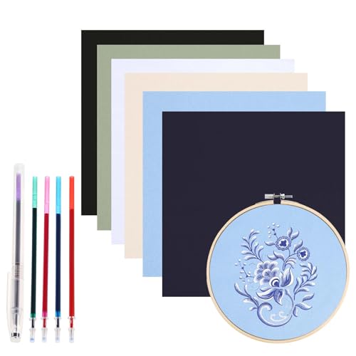 Telooco Baumwolle Stoff zum Sticken 6 Farben Kreuzstich Stoff mit 5 Farben Wasserlöslicher Stifte, 30 cm Quadrat Stickerei Stickstoff Stramin zum Sticken Cross Stitch Stick- und Nähprojekte DIY