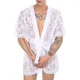 Duohropke Spitzen-Kimono-Robe Herren Nachtwäsche Durchsichtig Volant Transparent Weiter Ärmel Morgenmantel Sissy Nachtwäsche Mesh Robe Große Größen Babydoll