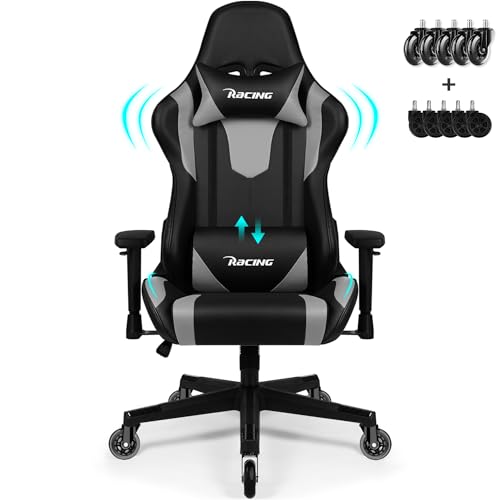 Homimaster Gaming Stuhl, Bürostuhl Ergonomisch mit verstellbare Lendenkissen, Kopfkissen und Armlehnen,Gaming Chair Gepolstert,Gamer Stuhl Wippfunktion,Gaming Stuhl 150 kg Belastbarkeit