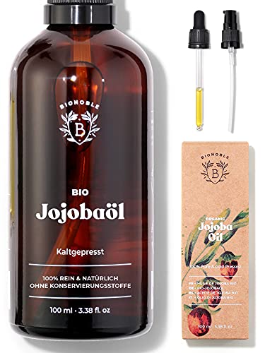 Bionoble Jojobaöl Bio 100ml - 100% Rein, Natürlich und Kaltgepresst - Gesicht, Körper, Haare, Bart, Nägel - Vegan und Cruelty Free - Jojoba Oil - Glasflasche + Pipette + Pumpe