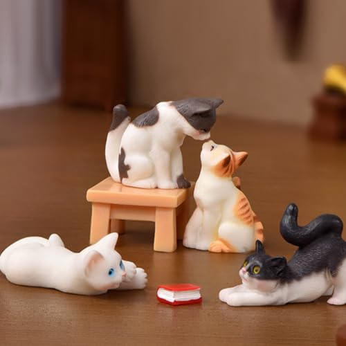 KARLOR Mini Kätzchen Figuren, 6 PCS Katzen Figuren Set, Klein Kätzche Realistisch Cartoon Katzen Statue, 4 Katzen 1 Tisch 1 Buch,Miniatur Tierornamente Mikro-Landschaftsdeko Gartendeko Tier Tischdeko