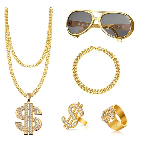 JurciCat Zuhälter Kostüm 5 Stück Hip Hop Dollar Kette & Ring Shadow Wizard Money Gang Gold Chain Sonnenbrille 80er and 90er Jahre Outfit Herren Accessoires Karneval Kostüm
