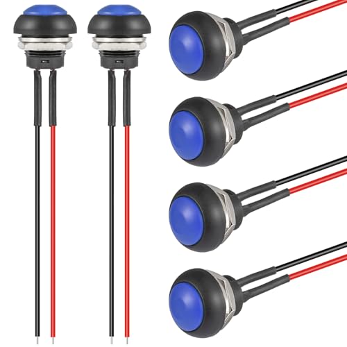 VEXUNGA 12MM Schalter Momentanen Taster Drucktaster Mini Momentary Push Button EIN AUS Druckschalter Wasserdicht Druckknopf Rund mit Kabel Blau (6 Stück)