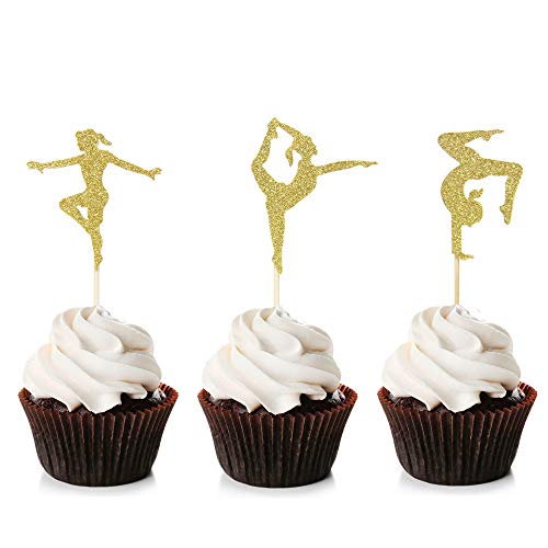 Unimall 24 Stück Gold Glitter Gymnastik Cupcake Toppers Turnerin Mädchen Babyparty Themed Party Supplies Food Cake Picks