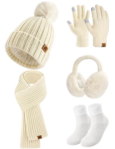 Xnova Mütze Schal Handschuhe Ohrwärmer und Socken Set 5 in 1 Damen Winter, 5 Stücke Warme Strickmütze Lange Schal Dicke Beanie Mütze Gestrickte Winterzubehör Kombi Geschenk (Beige)