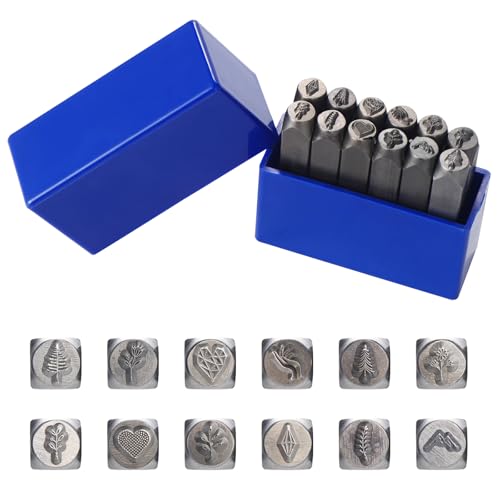 Gueenky 12 Stück Metallstempel Set, 2mm/5mm/6mm Schlagstempel Pflanzen Motiven Symbol Metallstempel Motiv Blume Pflanzen Herz, Schlagstempel Metall zum Stempeln von Metall Kunststoff Holz Leder