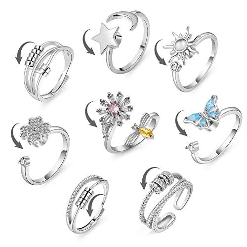 Aucuu 8 Stück Angst Spinning Ringe für Damen, 925 Silber Damenringe, Offener Ringe Fidget Spinner Ringe, Zirkonia Zappelringe, Verstellbare Stapelbare für Stress Abbauen