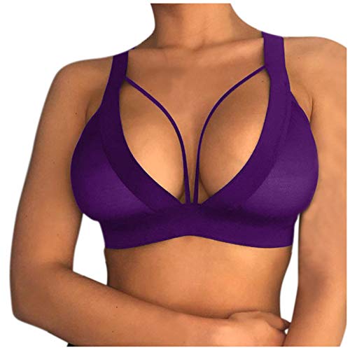 QWUVEDS sexy Dessous Damen für Sex dursichtige Unterwäsche Sport BH Damen dursichtige Unterwäsche Sexy Frauen Mädchen Aushöhlung elastischen BH-Verband Strappy- BH Half Cup Dessous (Purple, S)