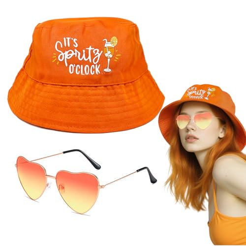 TUONYIS 2 Stück Orange Fischerhut Anglerhut Retro Orange Brillen in Herzform, Aperol Kostüm Damen Set Karneval Kostüm, Party Hut, Dance Dress Up Party Zubehör