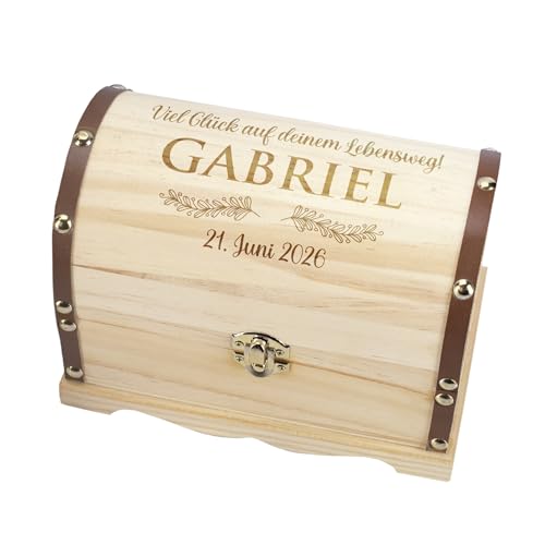 Herz & Heim® Personalisierbare Schatztruhe aus Holz mit Gravur – Geschenkbox mit Wunschtext – 3 Größen – Truhe für Geldgeschenke, Erinnerungen & mehr (L)