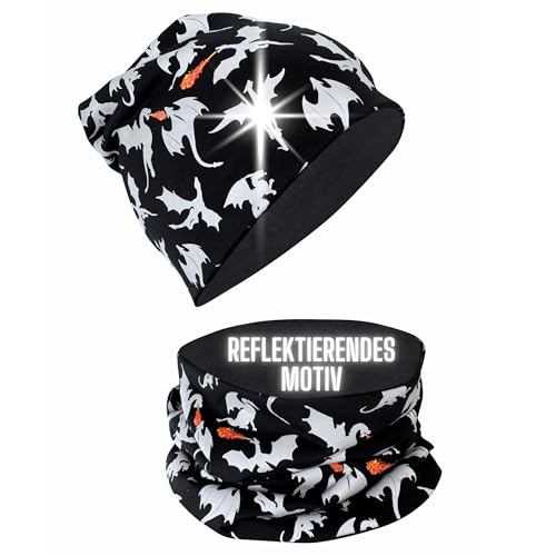 HECKBO 360° Reflektor Kinder Beanie Mütze & Loop Schal Set - mit reflektierenden Drachen Dragon - 2-8 Jahre - 95% Baumwolle Größe 48-54