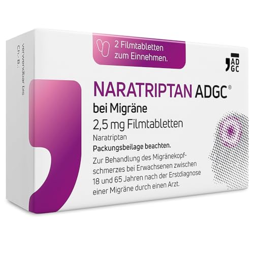 NARATRIPTAN ADGC bei Migräne 2,5mg - 2 Stück - für akute Behandlung von Kopfschmerzen bei Migräneanfällen mit und ohne Aura - kann Begleiterscheinungen von Migräne lindern wie z.B. Übelkeit