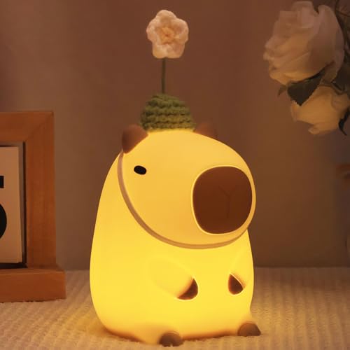 Okayera Capybara Nachtlicht, Niedliche Blume Matschige Tierlampe, LED Nachtlicht für Kinderzimmer mit wiederaufladbarem USB Timer Dimmbar, Nachttischdekoration für Kinder Geburtstag