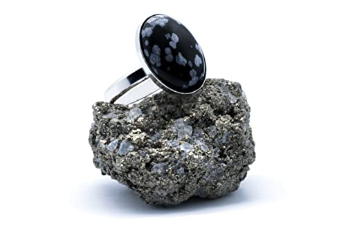 925 Silber Ring mit Schneeflocken Obsidian (Naturstein) 18x13mm - Alle Größen von festen oder verstellbaren Ringen, von XS bis XXXL, für Männer für Frauen - Kostenlose Geschenkbox