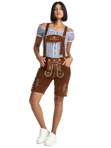STEIGENHÖFER Kurze Trachtenlederhose für Damen mit passenden Trägern, echtes Veloursleder in 3 Farben, Gr. 34-48, Farbe: Mittelbraun, Größe: 46