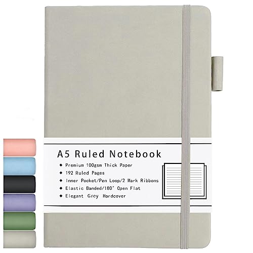 Beinushor Notizbuch A5, mit Hardcover Ausgekleidetes Journal mit Dickem Premium 100GSM Papier, 192 Seiten, Innentasche, Stiftschlaufe, Gummiband, Kunstlederbezug, 14,5 x 21,3 cm (Grau)