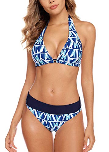 Aidotop Damen Bikini Set Triangel Badeanzug Strand Ties Zweiteiliger Bademode Bikinihose（Blue Geometry,M