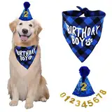 Hunde Geburtstag Hut Bandana Set, 3 Stücke Hunde Geburtstags Bandana Mütze mit 8 Bling Nummern, Hundegeburtstagsgeschenk, Hund Geburtstag Deko (Blau)