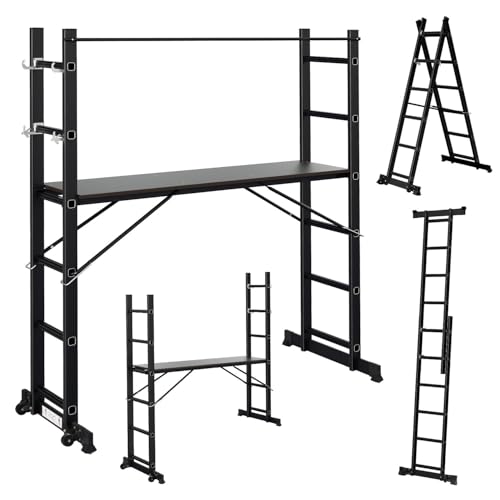 Eikuavons Gerüst, Gelenkleiter 4 in 1Alu Mobile Mehrzweckleiter mit Plattform und 2 Räder, 6+6 Stufen Gerüstleiter Anti-Rutsch, Arbeitsgerüst, Belastbar bis max. 150 Kg, Schwarz