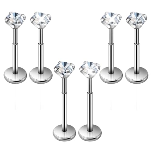 6 Stück Tragus Piercing Schmuck 6/8mm Silber 20G Chirurgenstahl Lippenpiercing mit Zirkonia Labret Piercing Damen Aufsteckknorpel Ohrringe Schmuck