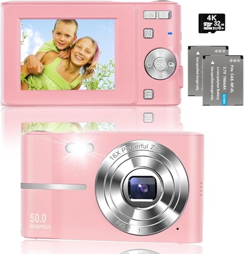 NICEWIN 1080P 50MP Digital Vlogging Camera with 16X Zoom, 32GB SD Card & 2 Batteries - Compact and Portable for Photography, TikTok, YouTube, Teens, Kids, Beginners (Pink)