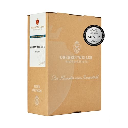 Oberrotweiler Wein-Box Weißburgunder 3 Liter QbA trocken - SILBER 2025 AWC Vienna - Weißwein trocken, fruchtig frisch mit Aromen nach Apfel, Birne und Zitrus - Badischer Wein (1 x 3,0 l Bag-in-Box)