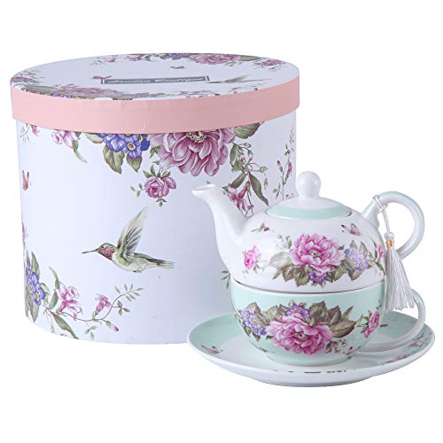 London Boutique Tea for One Teekanne/Tasse, Suacer-Set, Shaby Chic, Flora, Vogel, Rose, Schmetterling, Porzellan, Geschenkbox (Blaugrün), Keramik, 15x15cm